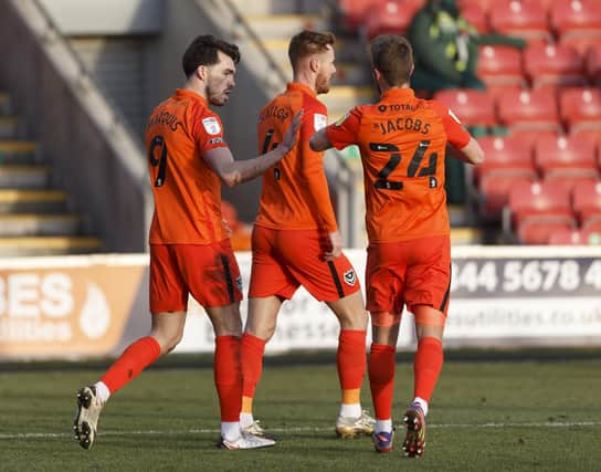 John Marquis of Portsmouth celebrates after scoring their first goal to make the score 0-1 during the Sky Bet League One match between Fleetwood Town and Portsmouth at Highbury Stadium on January 16th 2021 in Fleetwood, England. (Photo by Daniel Chesterton/phcimages.com)