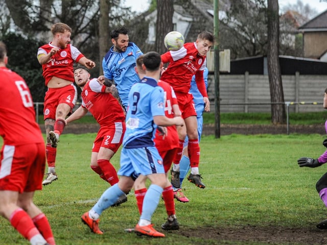 Goal - Curt Da Costa heads home against Bournemouth Poppies. Picture by Daniel Haswell