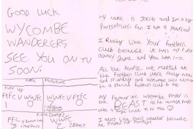 Pompey fan Jacob's letter to Wycombe ahead of the play-offs. Picture: Wycombe Wanderers FC/ Twitter
