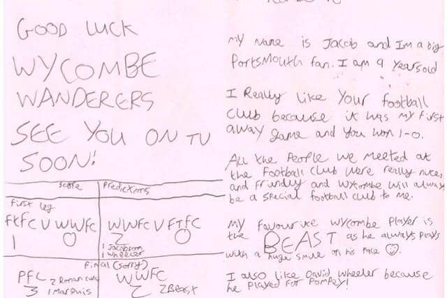 Pompey fan Jacob's letter to Wycombe ahead of the play-offs. Picture: Wycombe Wanderers FC/ Twitter