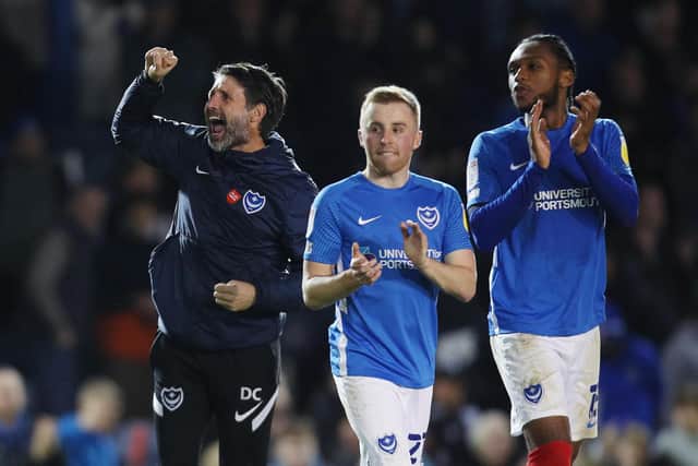Joe Morrell and Pompey boss Danny Cowley salute the crowd on Saturday. Picture: Joe Pepler
