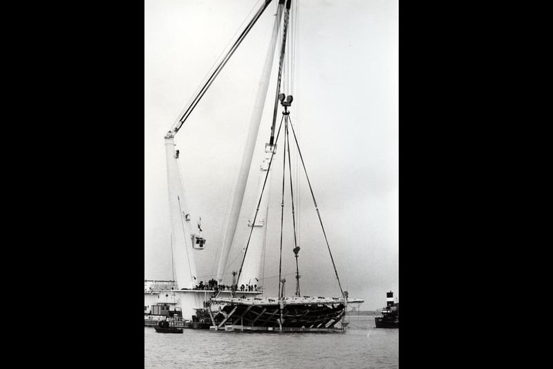 The Mary Rose being lifted out of the harbour by the Tog Mor in October 1982. The News PP3740