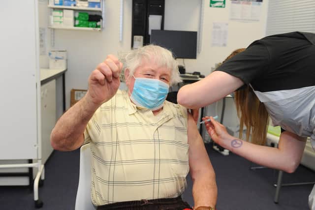 More than 100,000 people in Portsmouth have now had at least one Covid vaccination, and 360,000 across Portsmouth, Fareham, Gosport, Havant and East Hampshire have had theirs. The News, Portsmouth, visited Lalys Pharmacy in Guildhall Walk, Portsmouth on April 22.
Pictured is: Stephen Arter (81) completes his second Covid-19 vaccination

Picture: Sarah Standing (220421-7025)