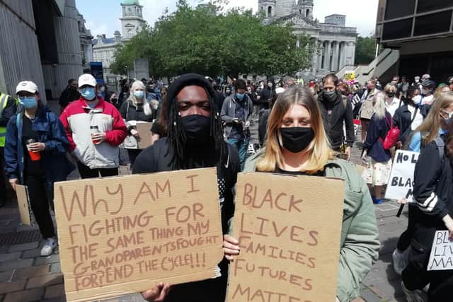 Dante Ellington-Grant, 21, with his girlfriend Rebecca Higgins at the BLM march in Portsmouth. Picture: David George