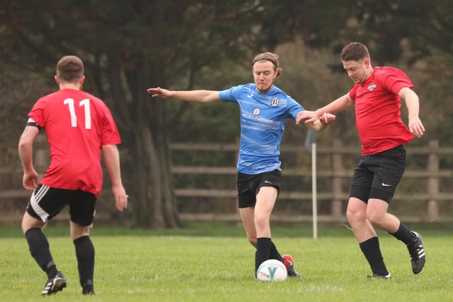 Waterlooville Wanderers Reserves (blue) v Milton Park Rangers. Picture by Kevin Shipp