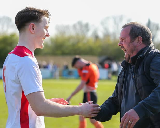 Horndean boss Michael Birmingham can't hide his delight after his side's win. Picture by Nathan Lipsham