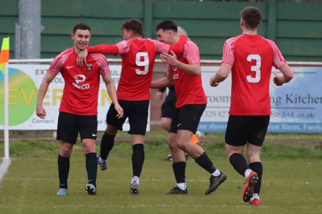 Fareham celebrate one of Jack Breed's two goals against Christchurch. Picture by Ken Walker