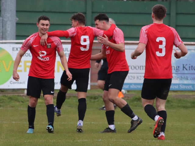 Fareham celebrate one of Jack Breed's two goals against Christchurch. Picture by Ken Walker