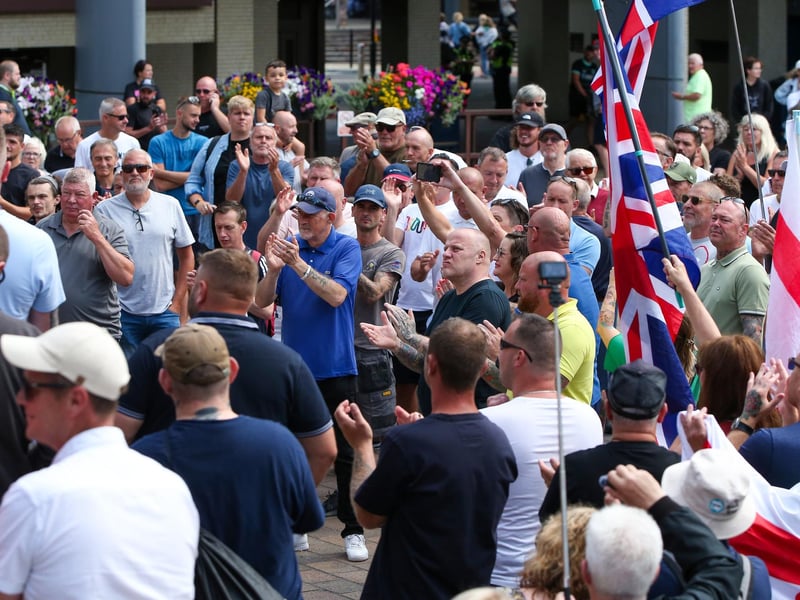 Protestors at Guildhall Square, Portsmouth. Picture: Chris  Moorhouse (030824-41)