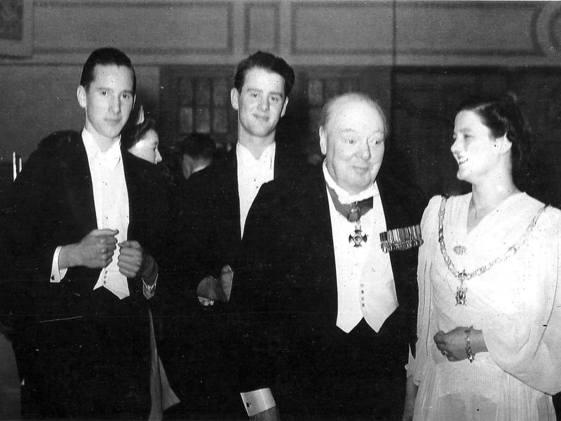 Sixteen-year-old Patrick Daley, left, his late brother Denis and their mother Lady Peggy Daley with Sir Winston Churchill after the dinner held in his honour in 1950 to mark him becoming a freeman of Portsmouth