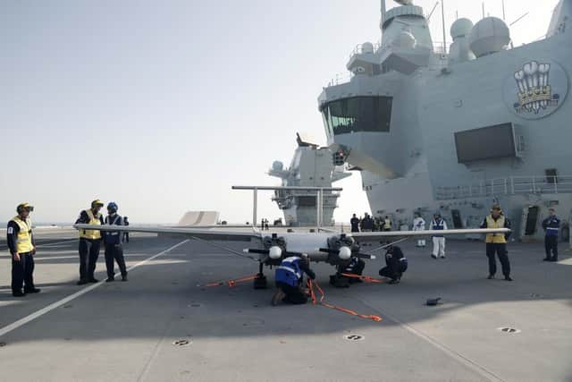 Pictured: First landing of the W Autonomous System on HMS Prince of Wales. Picture: LPhot Unaisi Luke/Royal Navy.