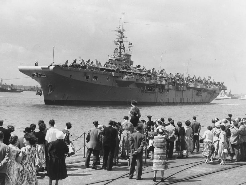 Vengeance, aircraft carrier, sailing past Old Portsmouth in August 1955. (The News PP5337)