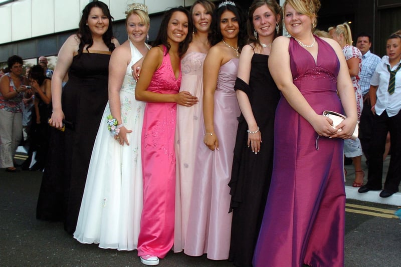 Natasha Moore (16), Bonnie Whiting (15), Natasha Smith (16), Katie Horrocks (16), Marcella Guine (16), Amber Kelly (16), and Apryl Stiles (16) at St Edmund's Catholic School prom which took place at The Marriott Hotel in Portsmouth in July 2006. Picture: (062937-63)
