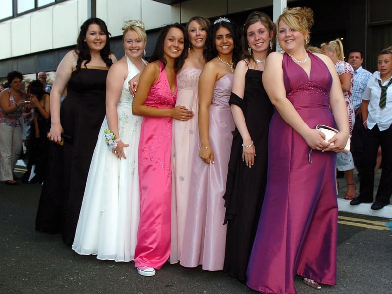 Natasha Moore (16), Bonnie Whiting (15), Natasha Smith (16), Katie Horrocks (16), Marcella Guine (16), Amber Kelly (16), and Apryl Stiles (16) at St Edmund's Catholic School prom which took place at The Marriott Hotel in Portsmouth in July 2006. Picture: (062937-63)