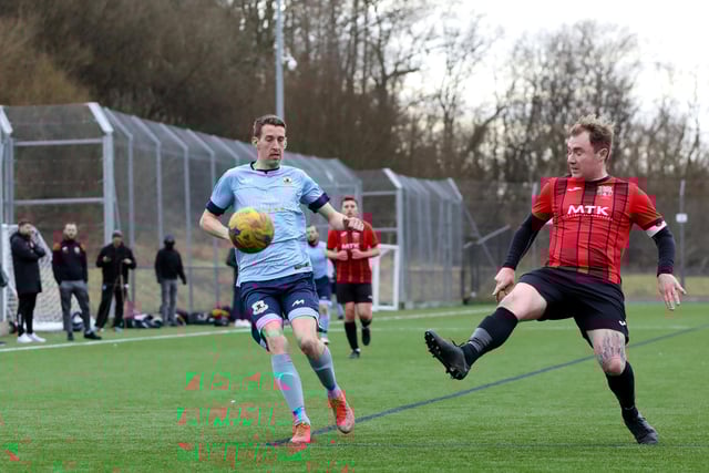 Captain James Wells clears. Horndean Utd v Portchester Rovers, Mid-Solent League. Picture: Chris Moorhouse (jpns 250223-35)