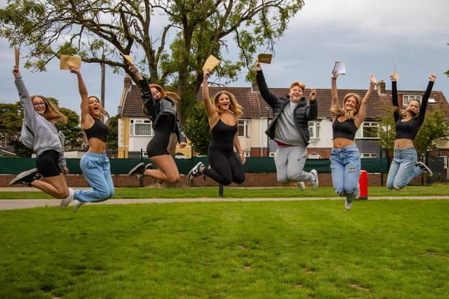 Students from Mayfield School celebrate their GCSE results last Thursday. Picture by Alex Shute