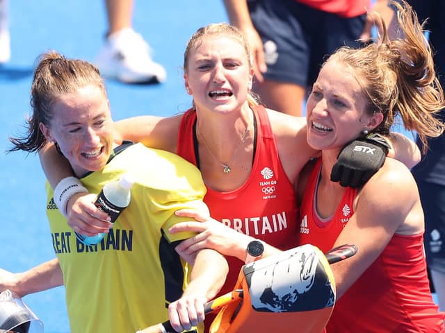 Goalkeeper Maddie Hinch, left, and team-mates Lily Owsley, centre, and Shona McCallin are overjoyed to have won Olympics bronze at Tokyo 2020. Picture: Alexander Hassenstein/Getty Images