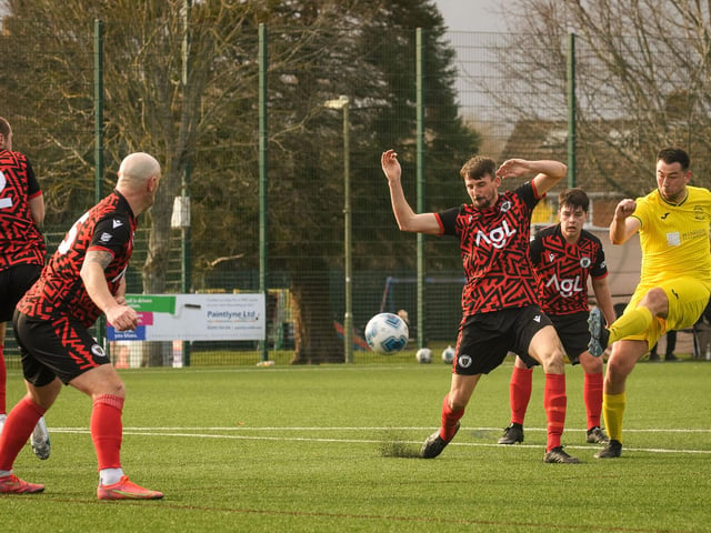 Action from Harvest's 4-1 win at home to Locks Heath (red and black kit) in the Hampshire Premier League. Picture: Keith Woodland (180321-1125)