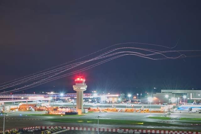 Long-exposure shot focused on the air traffic controller tower at Gatwick Airport. Photo: NATS