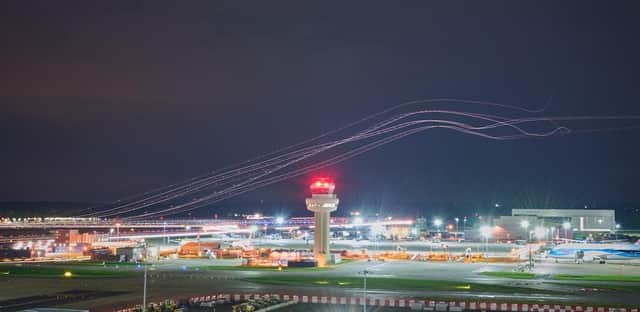 Long-exposure shot focused on the air traffic controller tower at Gatwick Airport. Photo: NATS