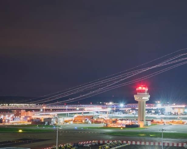 Long-exposure shot focused on the air traffic controller tower at Gatwick Airport. Photo: NATS