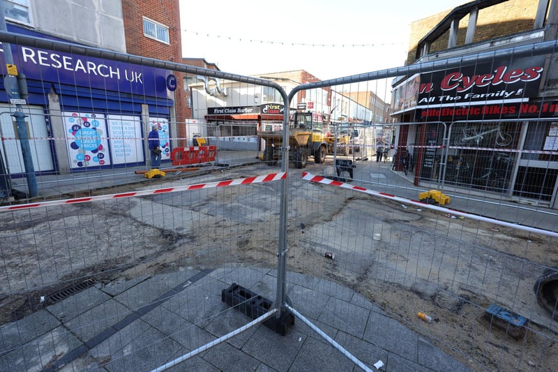 Improvement works going on in Commercial Road (the end outside Subway) and at the end of Charlotte Street in Portsmouth, Hampshire.

Monday 12th February 2024.

Picture: Sam Stephenson.