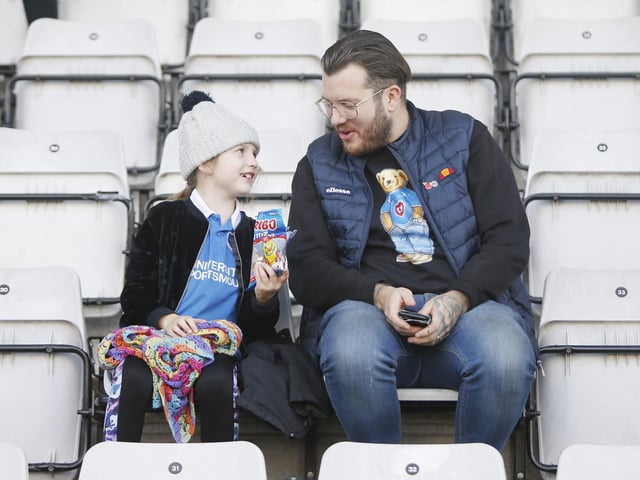 Portsmouth fans during the EFL Sky Bet League 1 match between Morecambe and Portsmouth at the Globe Arena, Morecambe, England on 12 November 2022.
