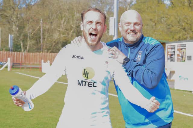 US Portsmouth boss Glenn Turnbull celebrates with son Elliott after the 3-1 FA Vase victory at Tavistock. Picture: Martyn White.
