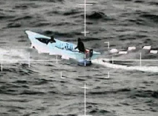 Pictured: The suspect's vessel photographed by the Wildcat from 815 Naval Air Squadron launched from RFA Argus during a successful drugs bust with the US Coast Guard in the Caribbean.