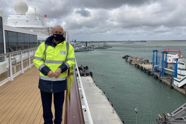 Mike Sellers, director of Portsmouth International Port, taken on board Viking's Venus on May 10, 2021, showing the new cruise liner berth. 