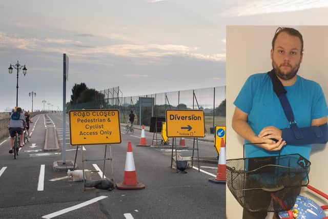 The closed Eastney Esplanade and inset, Colin Johnson who was in a bike accident which he attributes to congestion on Eastern Parade caused by the road closures
Main picture: Keith Woodland