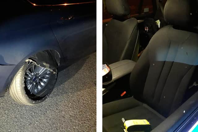 Police stopped Worthmore Munyeza in a Ford Mondeo on July 12 due to a defect in the car's tyre, only for him to spit at police. Pictures show the tyre and spit on a police car window. Picture: @Hantspolroads