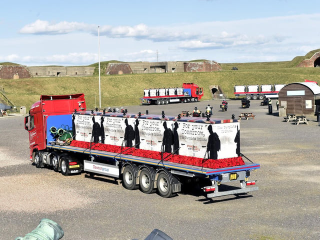 The ''Installation Team'', along with 1500 Giants on 4 articulated lorries, will be travelling to France on Friday, March 28. The journey started at Blenheim Palace in Oxfordshire stopping at the Royal Armouries, Fort Nelson, before heading for the overnight ferry. The entourage was escorted by over 150 Harley Davidson motorcycles.  Picture: Sarah Standing (280325-1441)