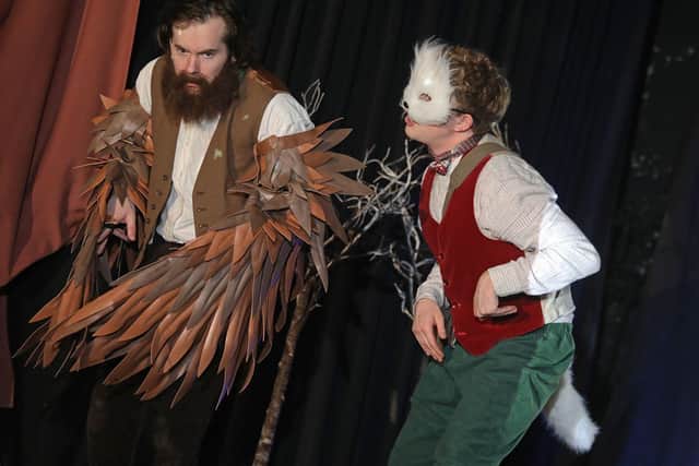 The grumpy owl and the fox in the Artless Theatre Company production of 'Amos and the Grumpy Owl'