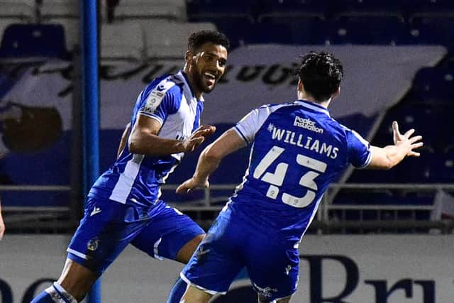 Jonah Ayunga celebrates his second goal against Pompey back in February