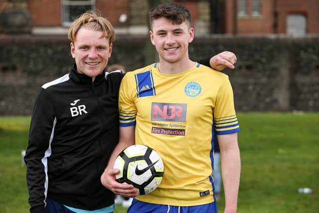 Meon Milton's four-goal star Bayley Whitcombe, right, with Portchester Rovers' Bobby Read. Picture: Chris Moorhouse