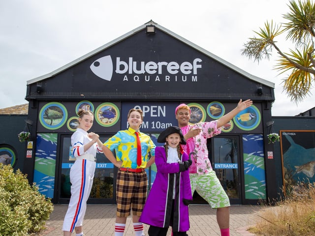 Pictured - Casper Horn, 16 (SpongeBob), Stanley Pearl (Patrick), Ella Burgos, 17 (Sandy)  and Jemima Rees, 14 (Patchy the Pirate) outside Blue ReefPhotos by Alex Shute