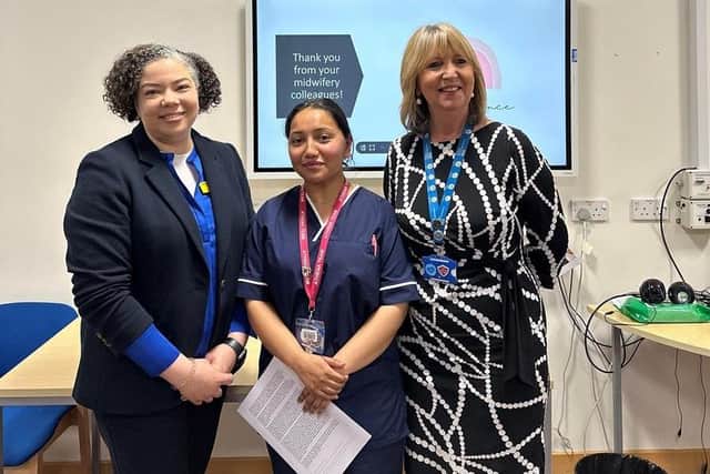 From left - Angie Velinor, Deputy Chief Midwife for South East England, Mahfuja Aktar, PHU midwife, and Liz Rix, Chief Nurse at PHU