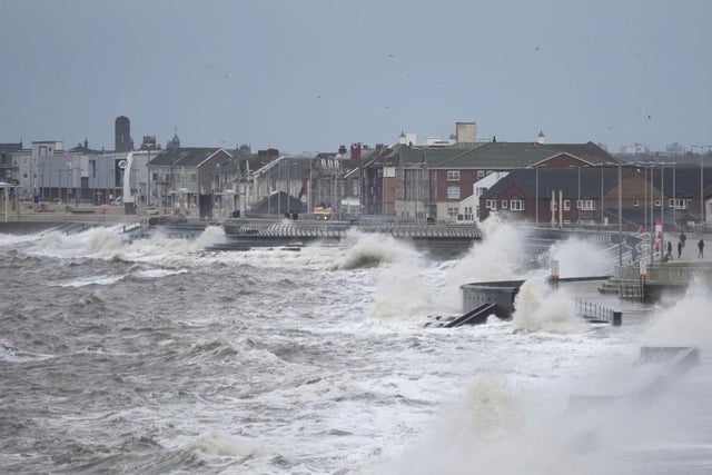 Storm waves batter the promenade in Blackpool, England. Storm Eunice is the worst to hit the UK for three decades.  (Photo by Christopher Furlong/Getty Images)