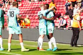 Christian Saydee celebrates Pompey's second in the 2-2 draw at Middlesbrough. Picture: Owen Humphreys/PA Wire.