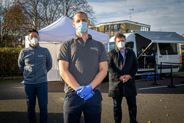 Farlington-based healthcare logistics company, Future Healthcare, has teamed up with an Oxfordshire based biotech company providing mobile Covid-19 testing throughout the UK at Vision,  Walton Road, Portsmouth.
Pictured: Director of NTL Biological, Hyun Oh, Ben Toon of Future Health Care and Nick Woodforth, Operations director of Future Heath Care.
Picture: Habibur Rahman