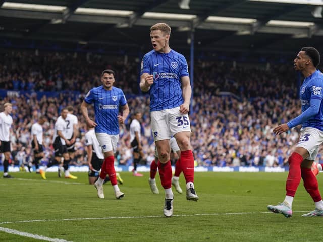 Rob Atkinson celebrates his last-gasp Pompey leveller to earn them a point in the 2-2 draw with Derby. Picture: Jason Brow/ProSportsImages