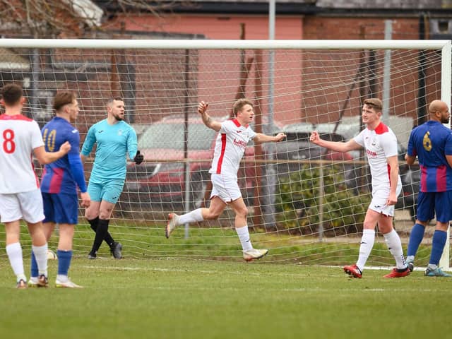 Zack Willett has just headed Horndean in front at US Portsmouth. Picture: Keith Woodland