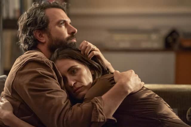 Robert (Tom Cullen) offers some comfort to wife Emma (Vicky McClure) in the new drama Insomnia (Picture: Paramount+/Channel 5)