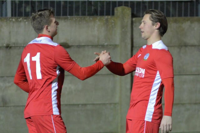 Zack Willett, left, celebrates one of his hat-trick goals with Tommy Scutt. Picture by Martyn White