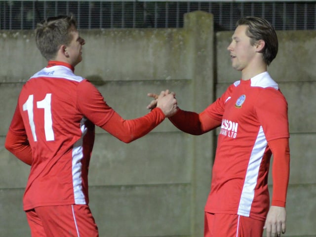 Zack Willett, left, celebrates one of his hat-trick goals with Tommy Scutt. Picture by Martyn White