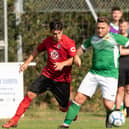 Locks Heath's Connor Johnson, left, battles for the ball in the win over Moneyfields Reserves earlier this month. Picture: Keith Woodland (110921-236)