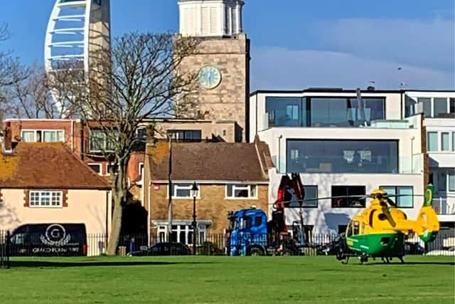 The air ambulance landing at Old Portsmouth at 12.15pm on November 6.