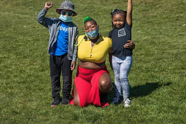 #KilltheBill protest on Southsea Common on April 17. 
Portsmouth BLM Co-Leader Miriam Daniel (25) with Musa (8) and Nala-Paris Mbah (5)
Picture by Mike Cooter. 