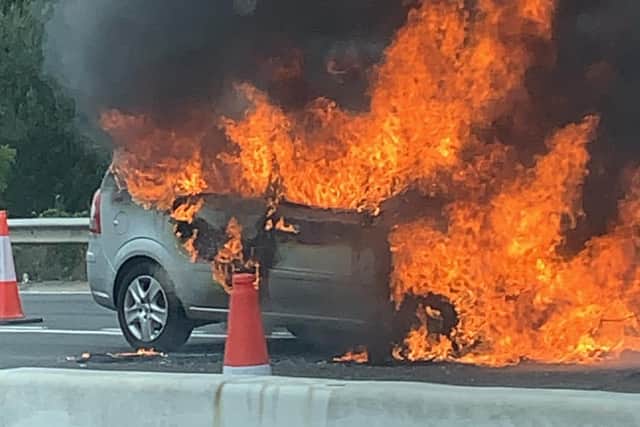 The car fire on the M27 eastbound between Burlesdon and Park Gate on August 26. Picture: Ellie Breton